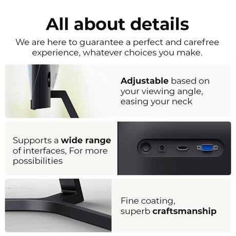 Rear ports and adjustable stand base of black 23.8" IPS monitor