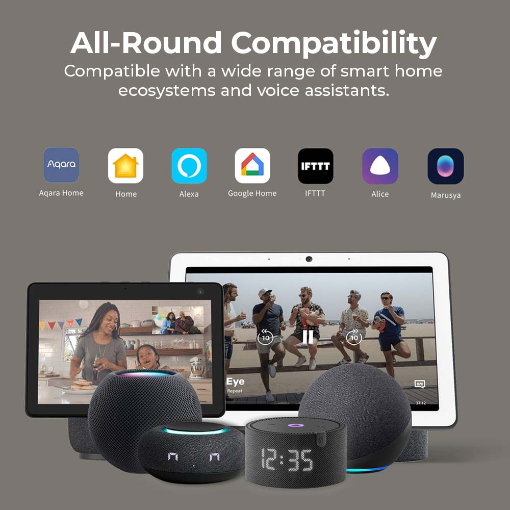 Camera hub compatibility graphic with smart home assistant icons and tablet screens