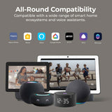Camera hub compatibility graphic with smart home assistant icons and tablet screens
