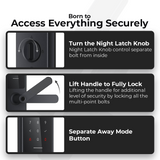 Smart door lock A100 handle and night latch knob close-up diagrams