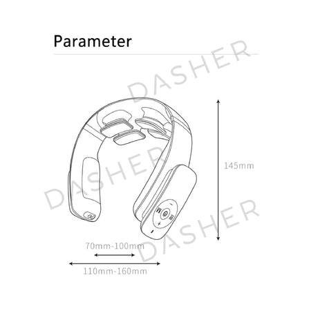 Neck massager sizing and dimensions diagram for collar fit and control module