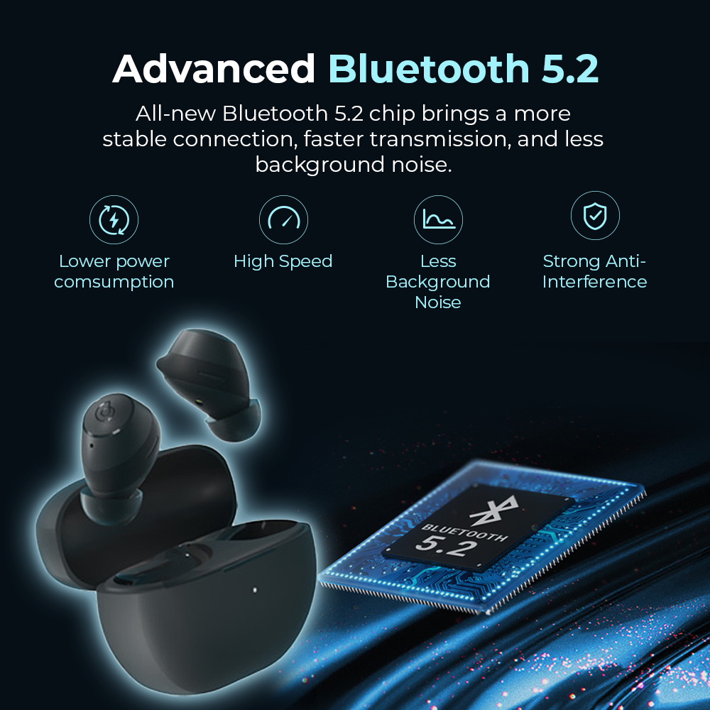 Black earbuds and charging case shown with Bluetooth 5.2 circuit graphic