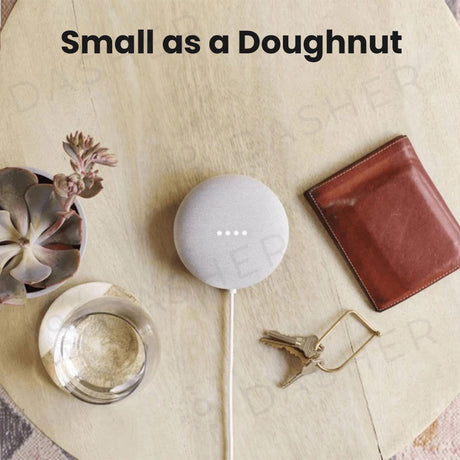 Mini smart speaker in chalk, round fabric top with light dots