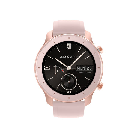 Amazfit GTR 42mm Cherry Blossom: side view with pink silicone strap and black dial