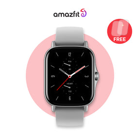 Amazfit GTS 2 smartwatch with black face and gray silicone strap