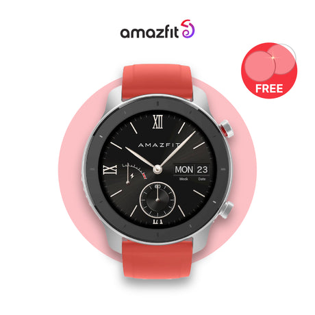 Amazfit GTR 42mm Coral Red: black dial with red silicone strap and date display