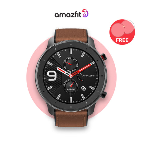 Amazfit GTR 42mm Starry Black: black dial with brown leather strap