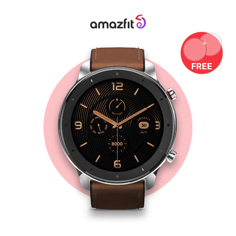 Amazfit GTR 42mm Glitter Edition: dark dial with gold accents and brown leather strap