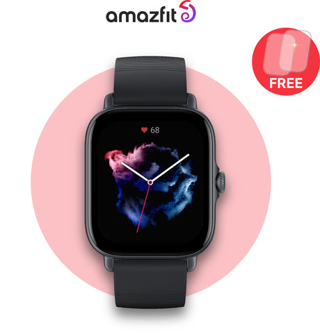 Amazfit GTS 3 Graphite Black smartwatch with black silicone strap and square display
