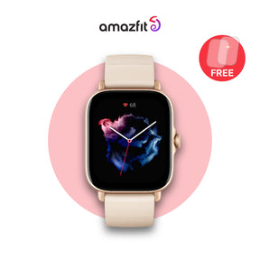 Amazfit GTS 3 Ivory White smartwatch with light beige silicone strap and square display
