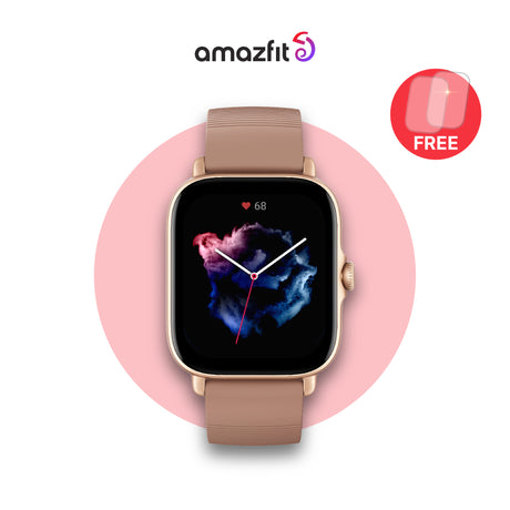Amazfit GTS 3 Terra Rosa smartwatch with brown silicone strap and square touchscreen