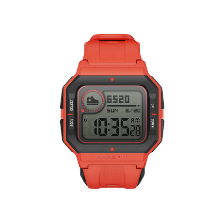 Orange Amazfit NEO smartwatch front view with digital screen