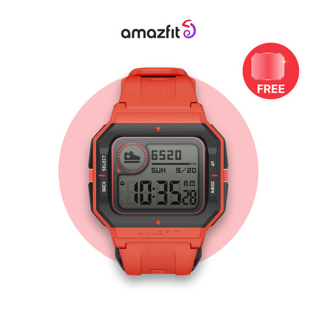 Orange Amazfit NEO smartwatch with black digital display and sporty strap