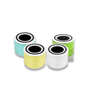 Air purifier filter cartridges set: blue, yellow, green and white with black center rings.