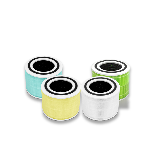 Air purifier filter cartridges set: blue, yellow, green and white with black center rings.