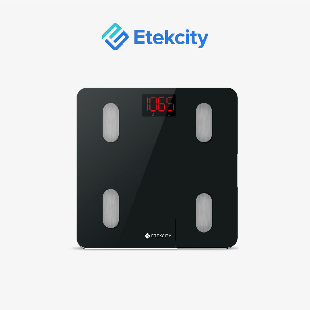 Etekcity body fat scale showing lb weight reading on the red digital screen