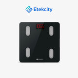 Etekcity body fat scale showing lb weight reading on the red digital screen