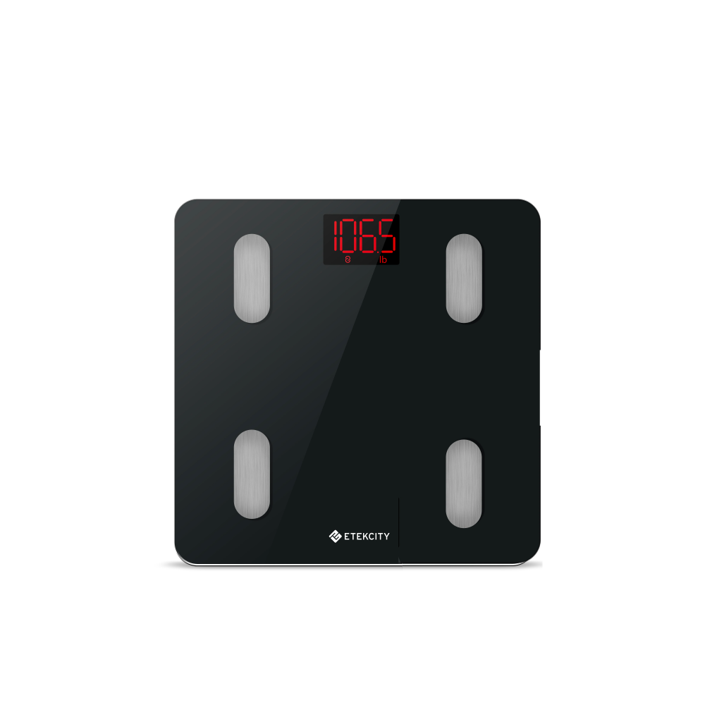 Etekcity body fat scale with red digital display and four silver sensor pads