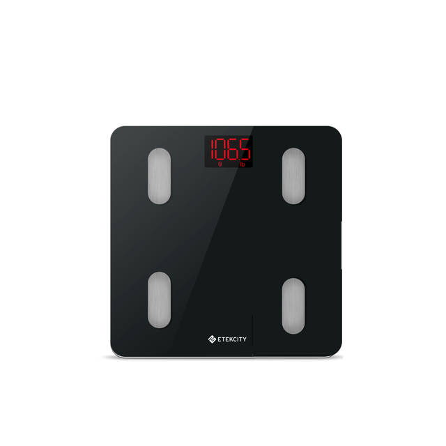 Etekcity body fat scale with red digital display and four silver sensor pads