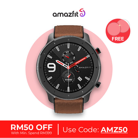 Amazfit GTR smartwatch with brown leather strap and black round watch face