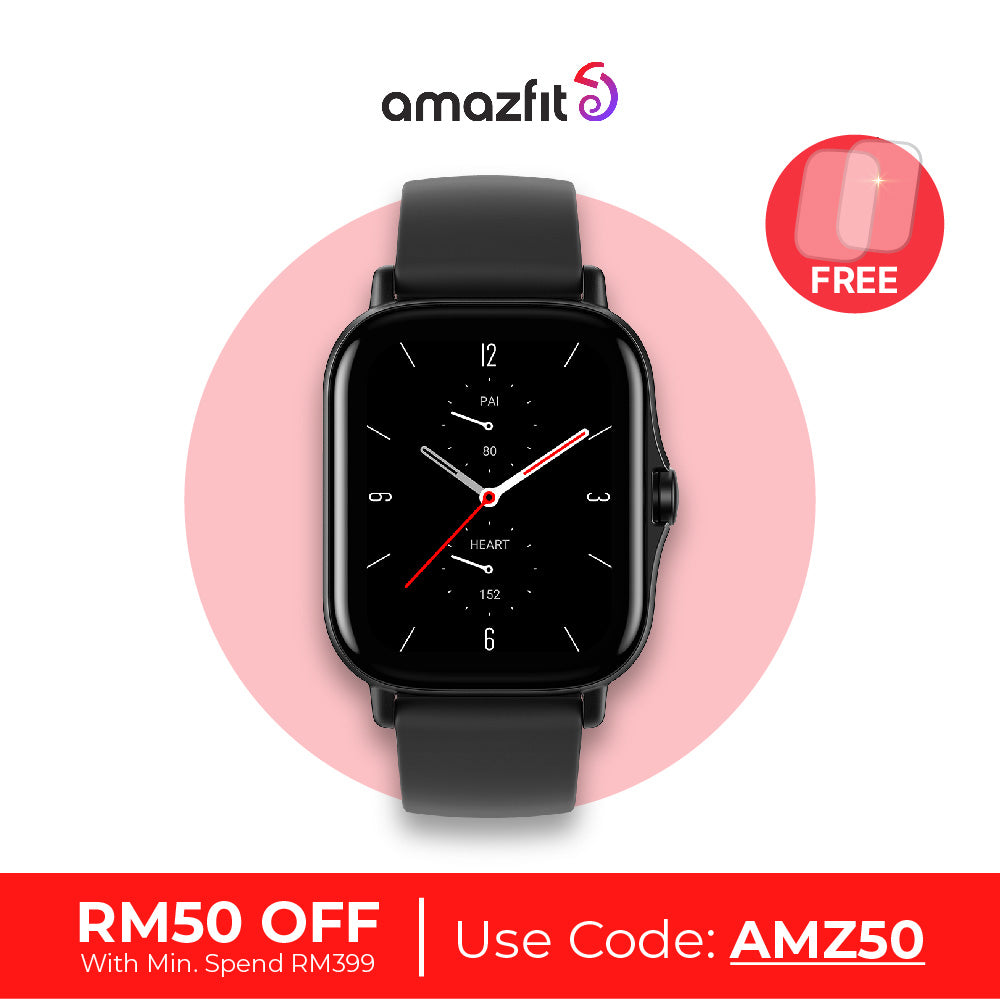 Amazfit GTS 2E smartwatch, Obsidian Black strap and black face
