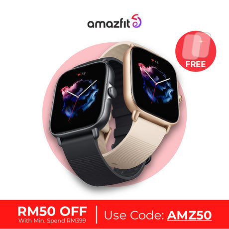 Amazfit GTS 3 side-by-side: black and ivory white straps with square fitness displays
