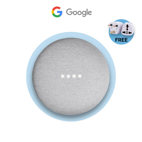 Mini Smart Speaker in light chalk gray with Google logo on top