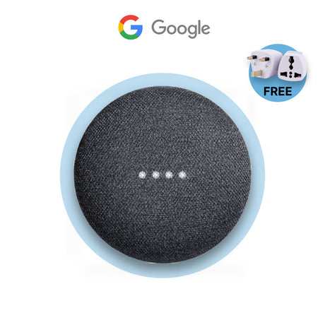 Google mini smart speaker in charcoal fabric, top view with light indicators