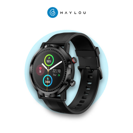 Haylou RT LS05S smartwatch: black silicone strap, round display with colored rings