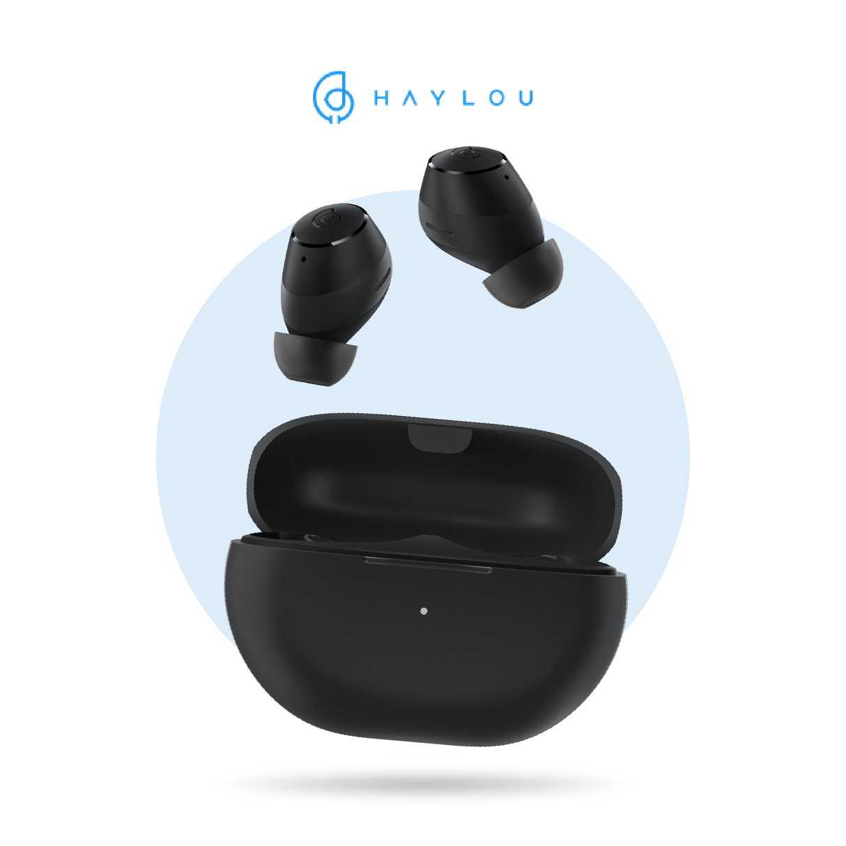Open black charging case with two black stemless earbuds, angled front view