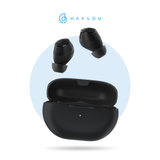 Open black charging case with two black stemless earbuds, angled front view