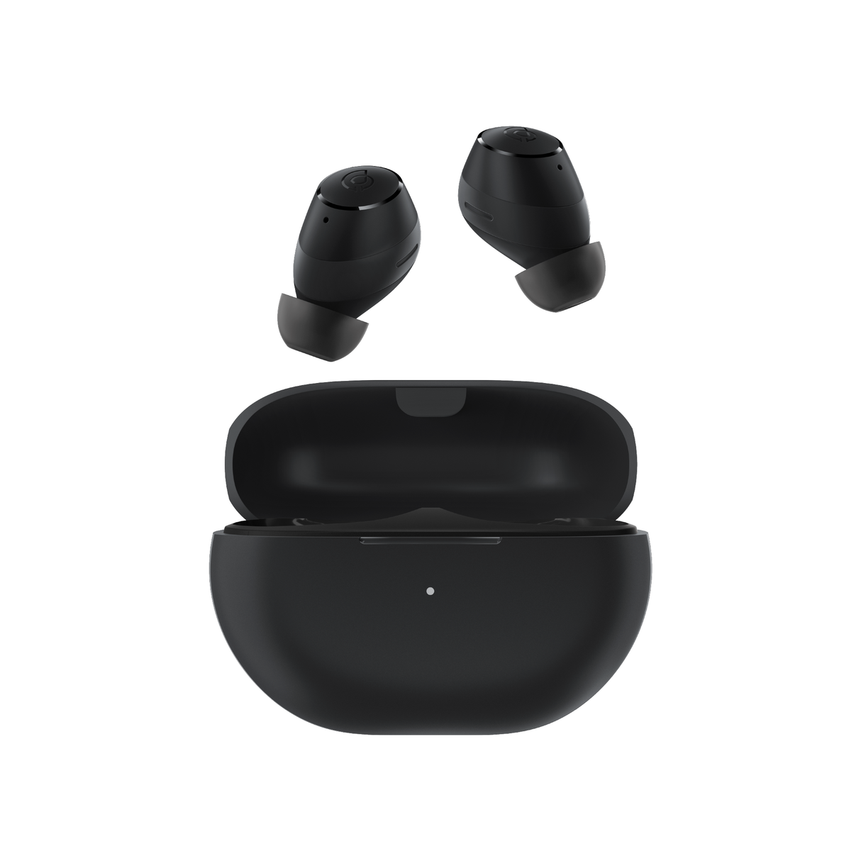 Haylou GT1 2022 black earbuds with open black charging case and two ear tips