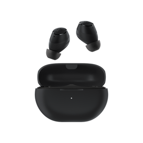Haylou GT1 2022 black earbuds with open black charging case and two ear tips