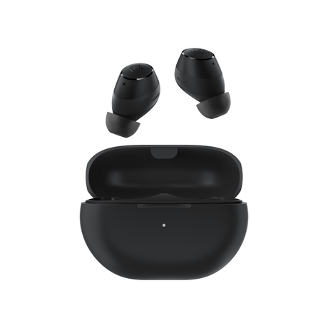 Haylou GT1 2022 black earbuds with open black charging case and two ear tips
