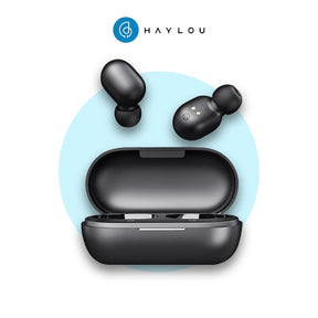 Haylou GT1 wireless earbuds with open charging case, black earbuds resting on top