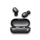 Black Haylou GT1 wireless earbuds with open charging case, earbuds shown above the case