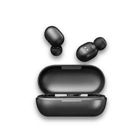 Black Haylou GT1 wireless earbuds with open charging case, earbuds shown above the case