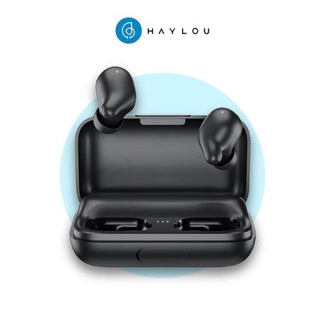Haylou T15 black charging case with two wireless earbuds in open lid