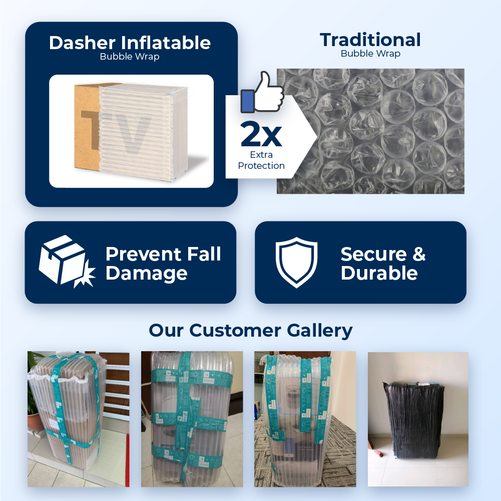 Inflatable bubble wrap comparison graphic: extra protection over traditional bubble wrap