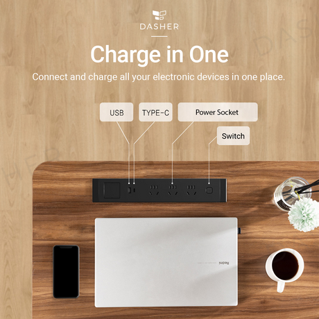 Smart lifting desk power module with USB and Type-C ports in tabletop