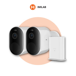 Two Imilab EC4 outdoor CCTV cameras, black lens housings with charging base