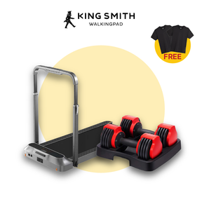 Foldable treadmill with dumbbell set, red weights on black accessory platform