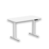White height adjustable desk with two stable legs and rounded tabletop corners