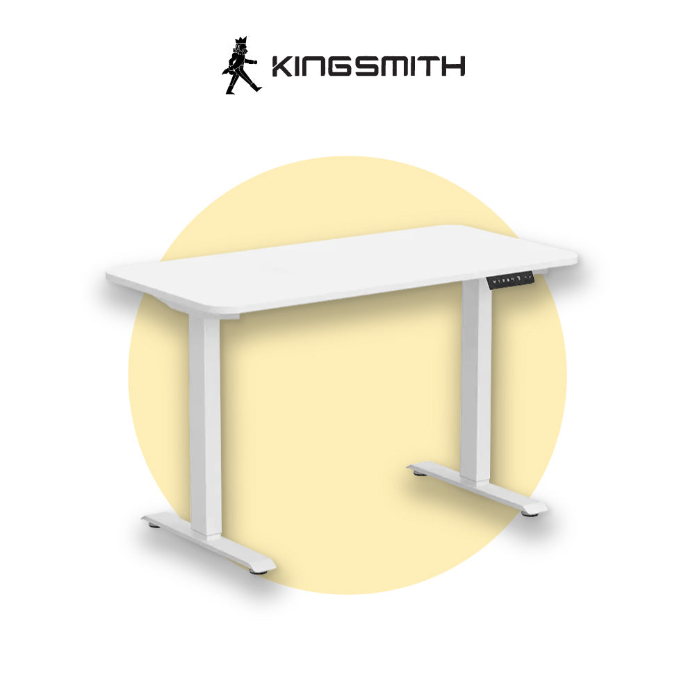 Smart height adjustable desk with white tabletop and dual white steel legs
