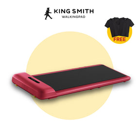 Red foldable walking pad with black treadmill belt, compact low-profile design