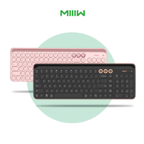 Wireless Bluetooth keyboard in pink and black, compact rounded-key layout