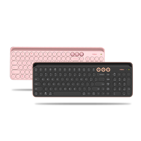 Wireless Bluetooth keyboard duo: pink and black keyboards with round key caps