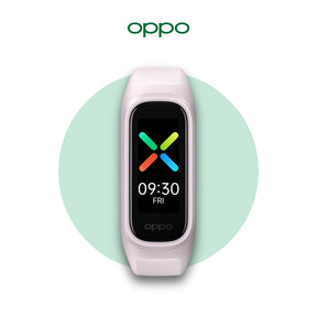 OPPO Band Lavender smartwatch with 09:30 FRI screen and colorful X icon