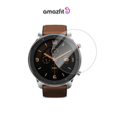 Smartwatch screen protector with clear curved glass over brown leather strap model
