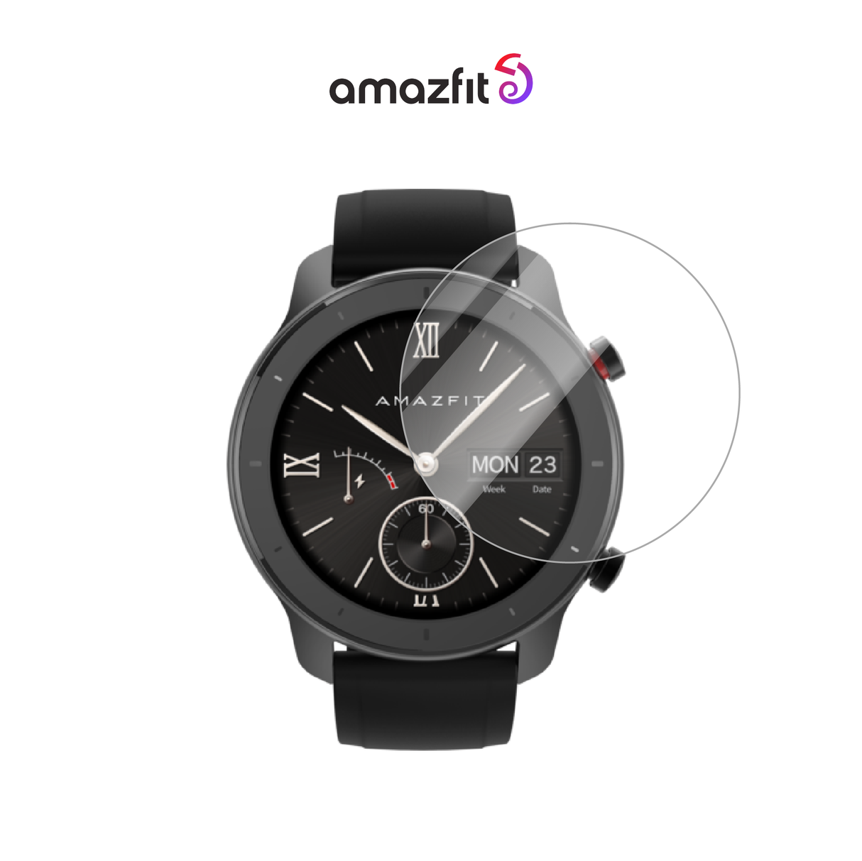 Amazfit smartwatch screen protector, clear curved cover over black face